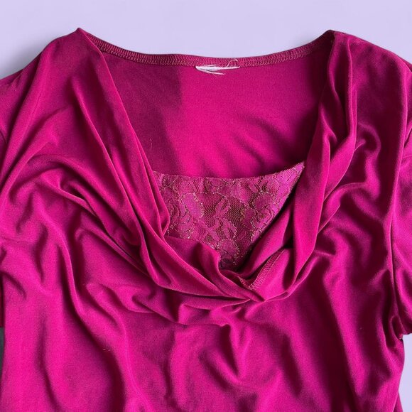 Vintage Y2K Magenta Cowl Neck Top with Lace Cami Insert – Fits Medium - Picture 2 of 6